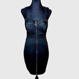 Bebe Bodycon Mini Dress Womens Size M Black on Black Herringbone Zipper